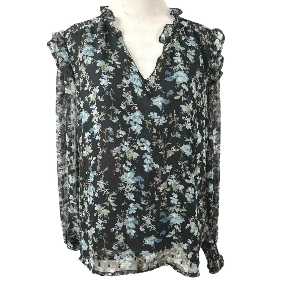 Laundry By Shelli Segal Floral Sheer Sleeve Blouse Black Ruffle Neck Top Large